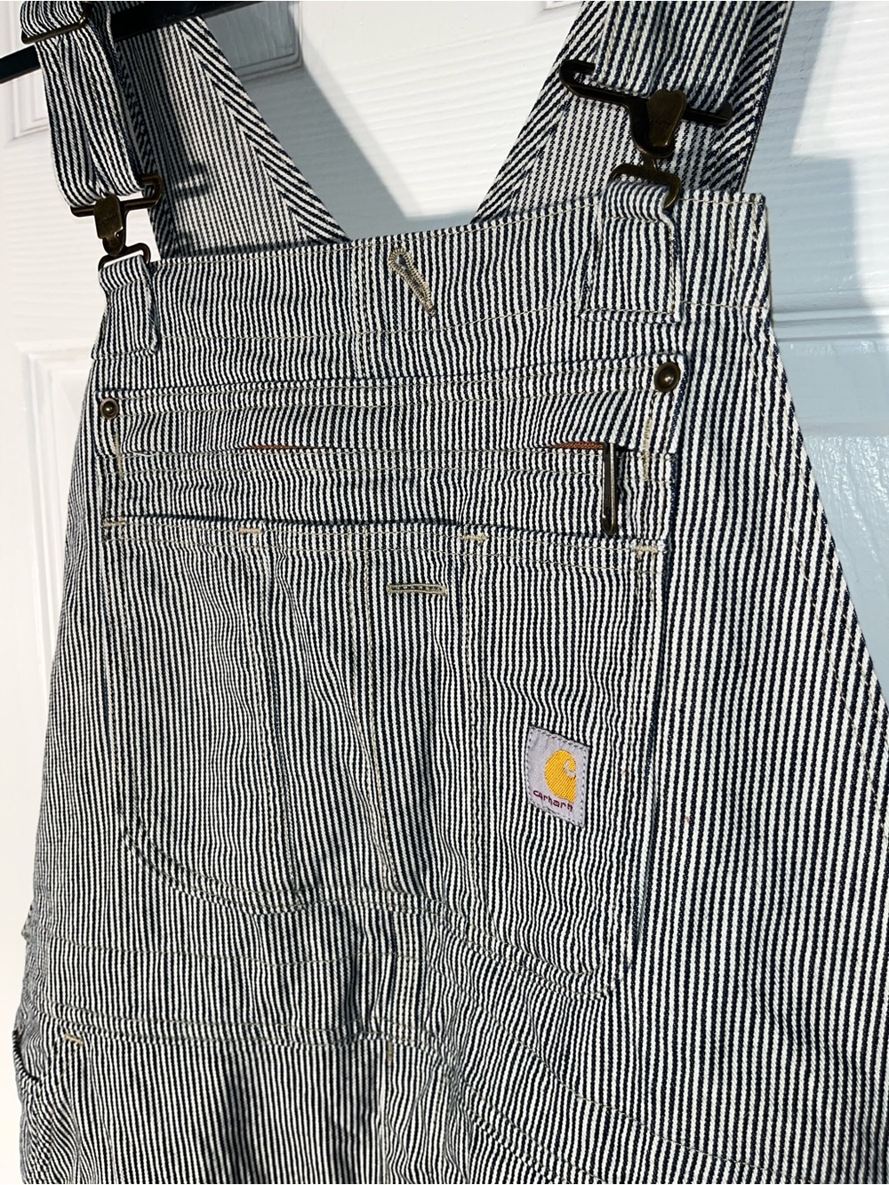 Carhartt Denim Bib Overall Women’s Large Relaxed Fit Cotton Railroad Stripe - Picture 7 of 15
